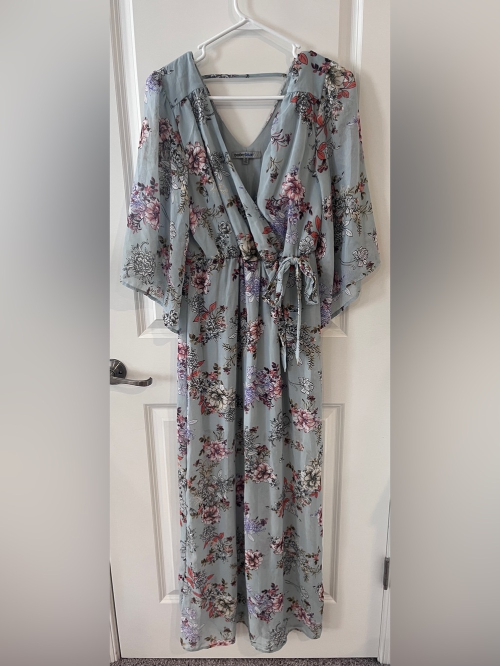 Bailey Blue Floral Maxi Dress Sage Blue Faux Wrap Bell Sleeve Size M